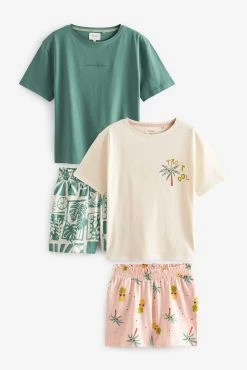 Next Pink/Green Tropical Cotton Blend Short Set Pyjamas 2 Pack