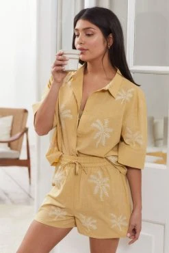 Next Yellow Palm Cotton Short Sleeve Button Through Pyjama Set