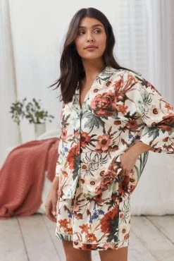 Next Cream Floral Linen Blend Button Through Short Set Pyjamas
