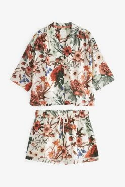 Next Cream Floral Linen Blend Button Through Short Set Pyjamas -Next shop 7QC 543s7 scaled