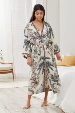 Next Ecru Cream Palm Linen Blend Lightweight Robe
