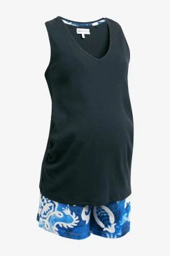 Next Navy Blue Abstract Maternity Cotton Blend Ribbed Vest Short Set Pyjamas -Next shop 7UL 431s6 scaled