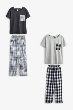 Next Black/White Check Cotton Blend Pyjamas 2 Pack
