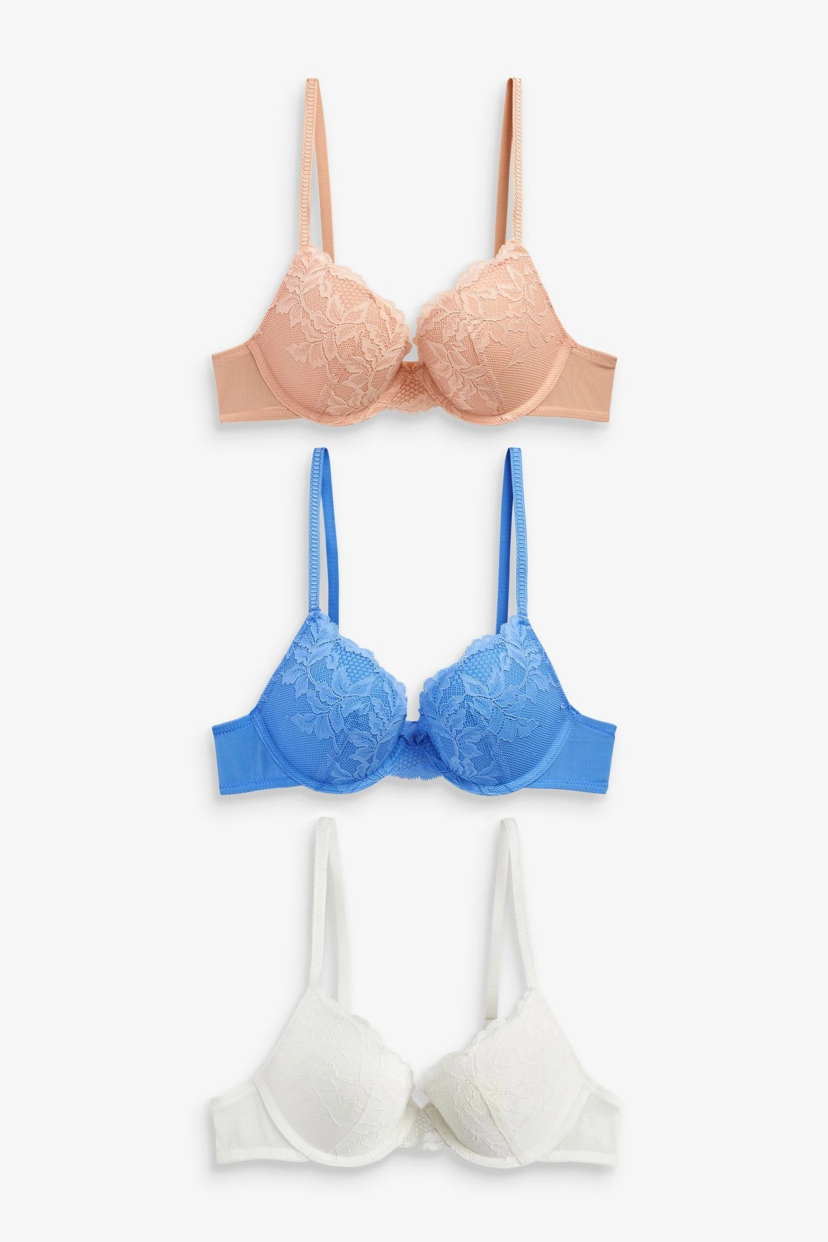 Next Blue/White/Nude Push Up Plunge Lace Bras 3 Pack 1 Next Blue/White/Nude Push Up Plunge Lace Bras 3 Pack