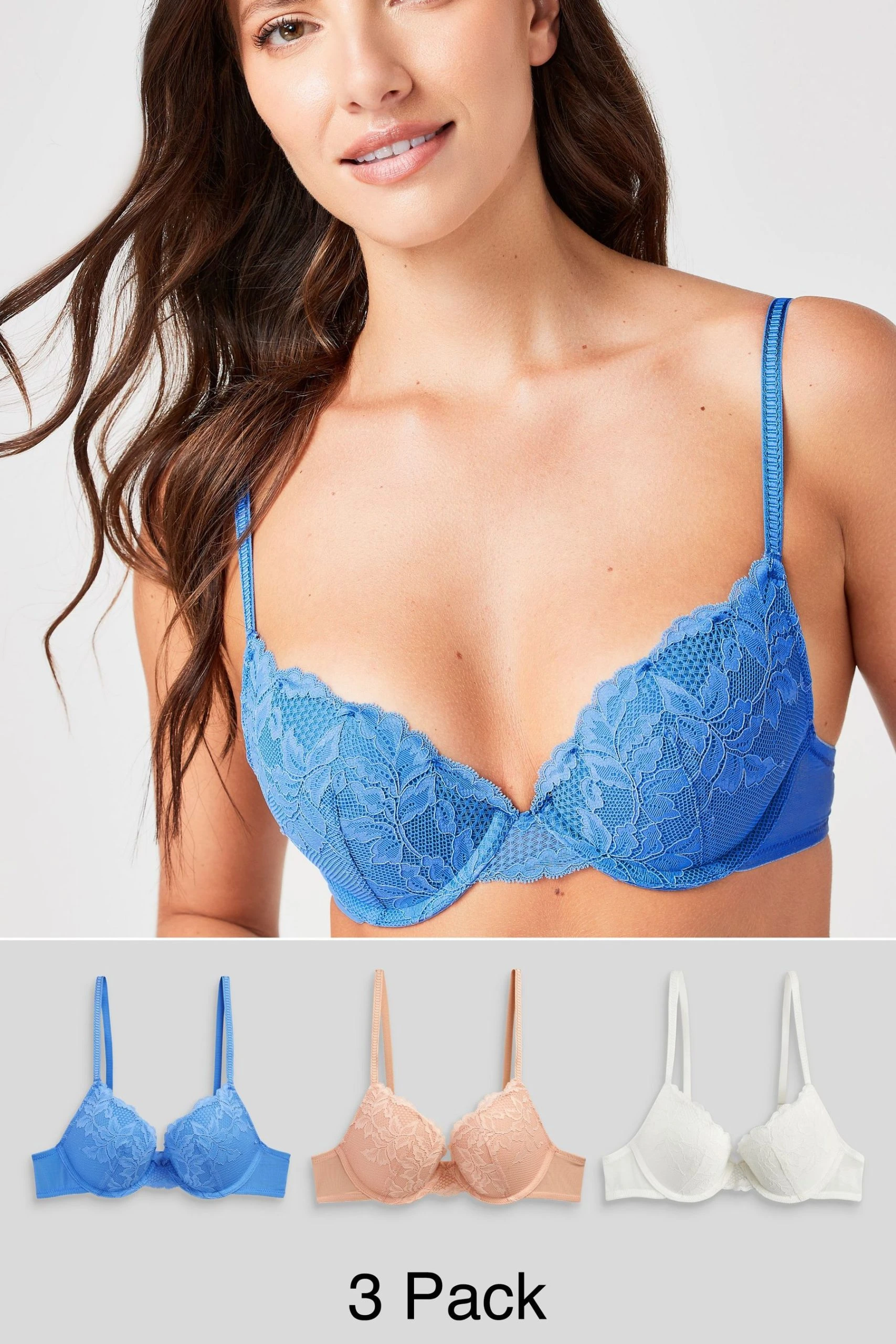Next Blue/White/Nude Push Up Plunge Lace Bras 3 Pack 2 Next Blue/White/Nude Push Up Plunge Lace Bras 3 Pack - Image 2