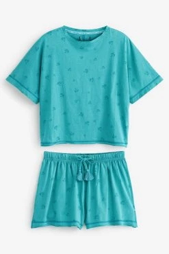 Next Teal Blue Palm Tree Cotton Short Pyjamas Set -Next shop C16534s3 scaled
