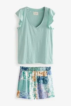 Next Blue Patchwork Print Frill Short Sleeve Pyjamas -Next shop C45 462s7 scaled