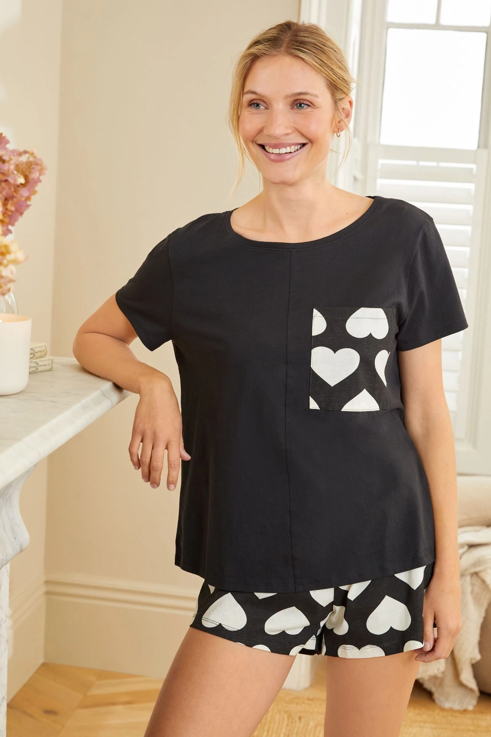 Next Black/White Heart Cotton Short Set Pyjamas 1 Next Black/White Heart Cotton Short Set Pyjamas