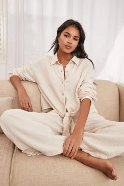 Next Ecru Cream Crinkle Button Through Pyjamas