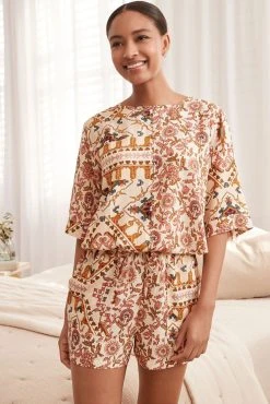 Next Rust Brown Paisley Woven Bubblehem Short Pyjama Set