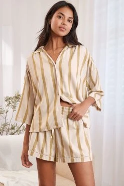Next Green Stripe Woven Button Through Short Pyjama Set
