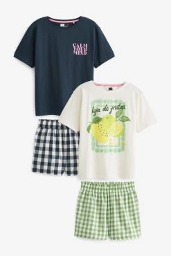 Next Blue/Green Check Cotton Short Pyjama Set 2 Pack