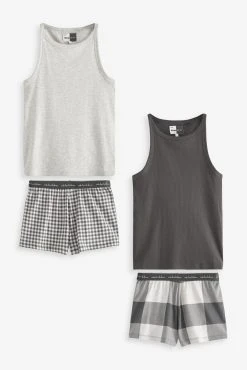 Next Black/White Check Cotton Blend Ribbed Vest Short Set Pyjamas 2 Pack
