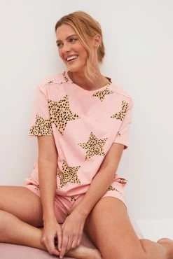 Next Pink Leopard Star Short Sleeve Cotton Pyjama Set