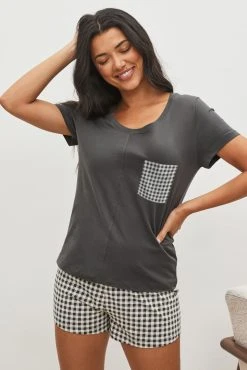 Next Charcoal Grey Gingham Cotton Short Sleeve Pyjamas