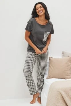 Next Charcoal Grey Charcoal Grey Gingham Cotton Short Sleeve Pyjamas