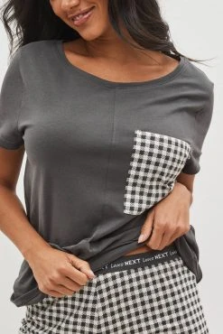 Next Charcoal Grey Charcoal Grey Gingham Cotton Short Sleeve Pyjamas -Next shop D73538s8 scaled