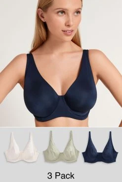 Next Green/Navy Blue/Cream DD+ Microfibre Smoothing T-Shirt Bras 3 Pack