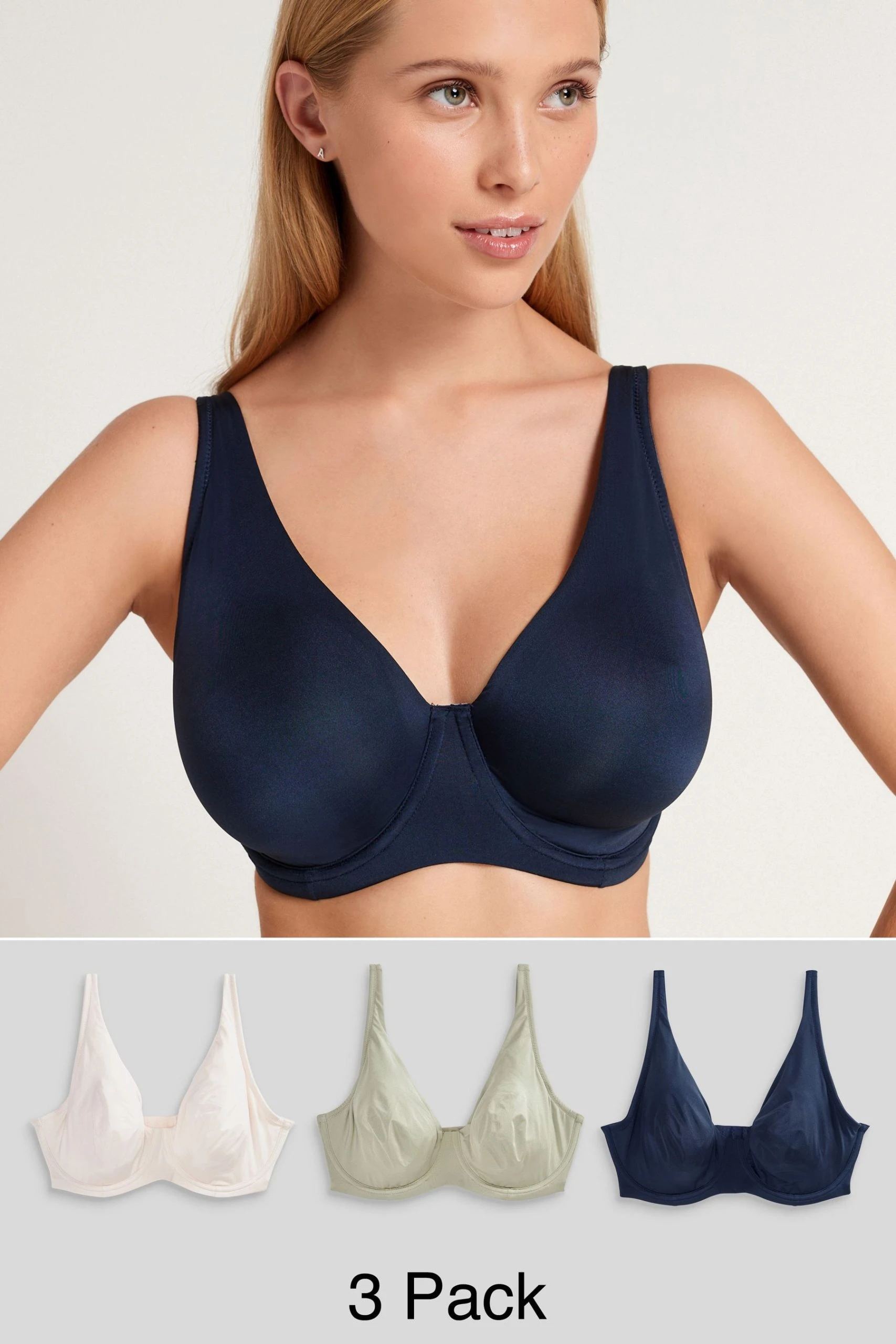 Next Green/Navy Blue/Cream DD+ Microfibre Smoothing T-Shirt Bras 3 Pack 1 Next Green/Navy Blue/Cream DD+ Microfibre Smoothing T-Shirt Bras 3 Pack