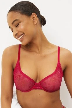Next Red/Pink Valentine Heart Embroidery Non Pad Wired Plunge Bra