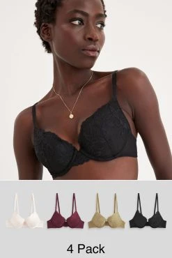 Next Black/Green/Plum Purple/Cream Push-Up Plunge Lace Bras 4 Pack